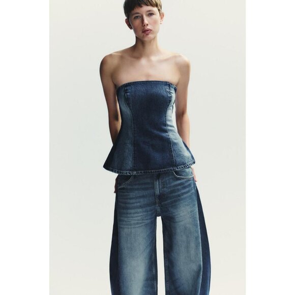 ZARA TRF DENIM BANDEAU TOP - Picture 1 of 8
